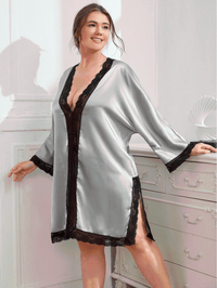 Plus Size Contrast Spliced Lace Deep V Slit Night Dress