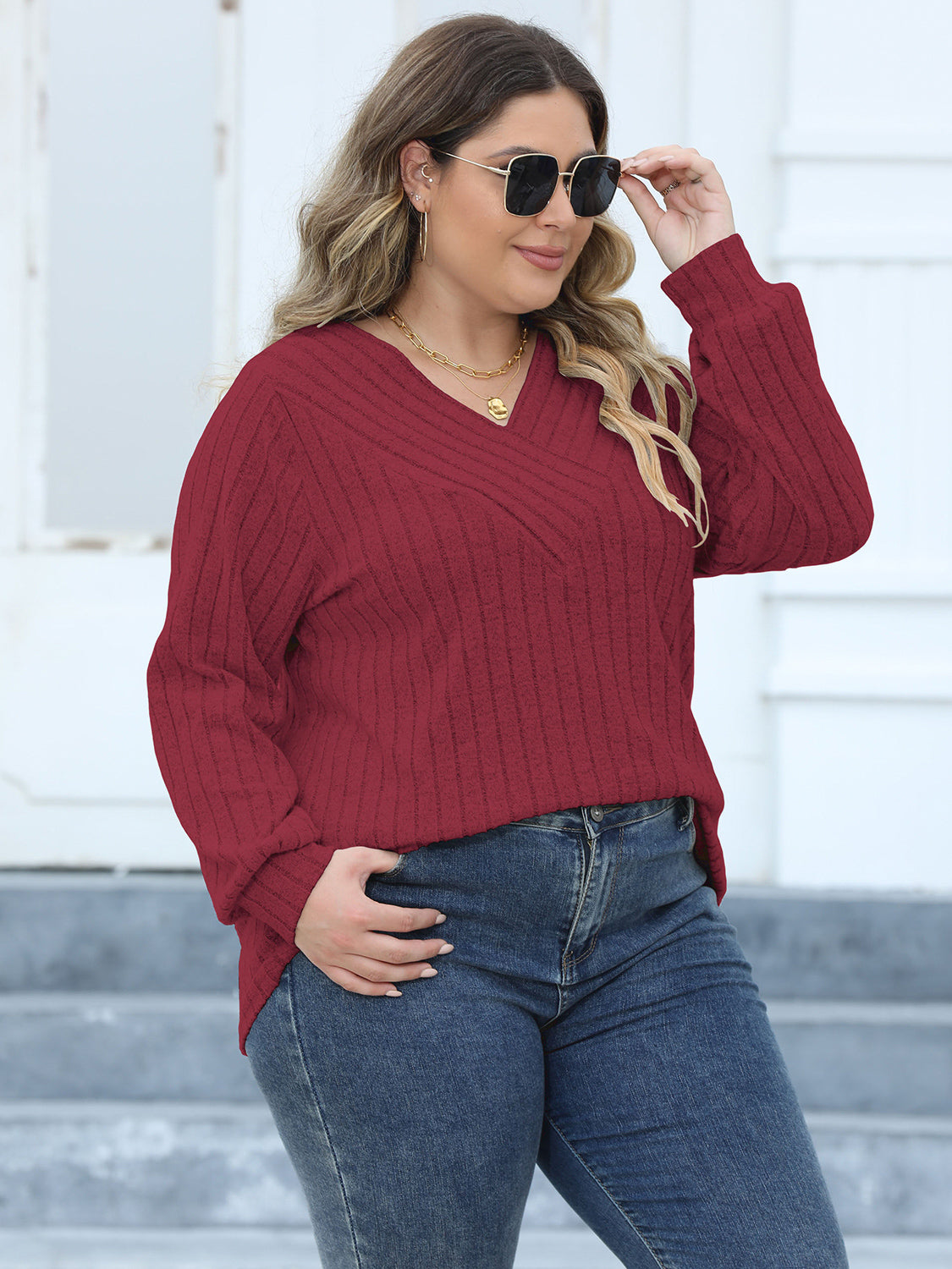 Plus Size Ribbed V-Neck Long Sleeve Top