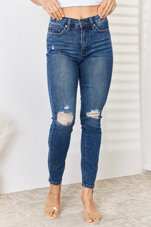 Judy Blue Full Size Mid Waist Distressed Slim Jeans