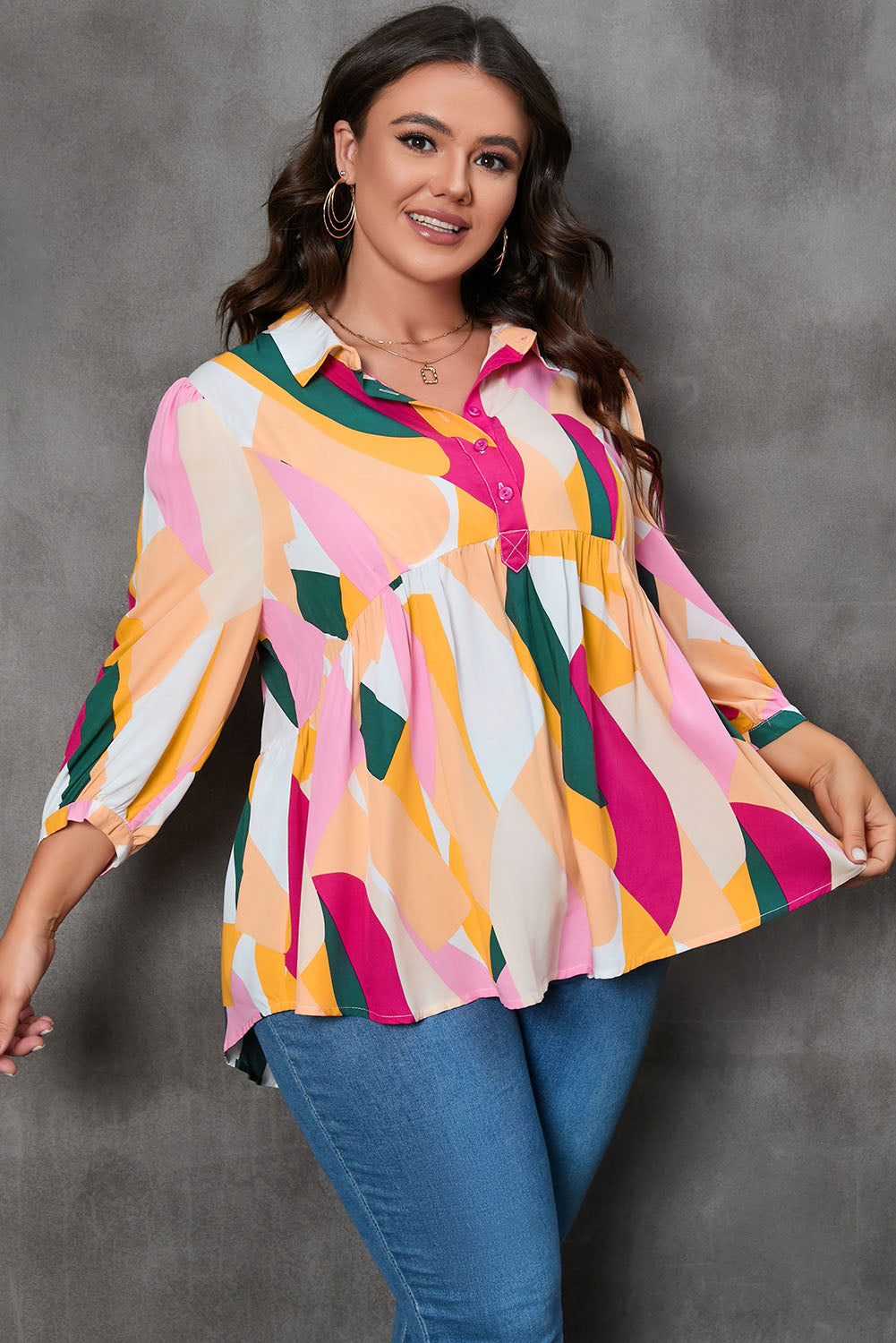Plus Size Printed Collared Neck Half Button Top