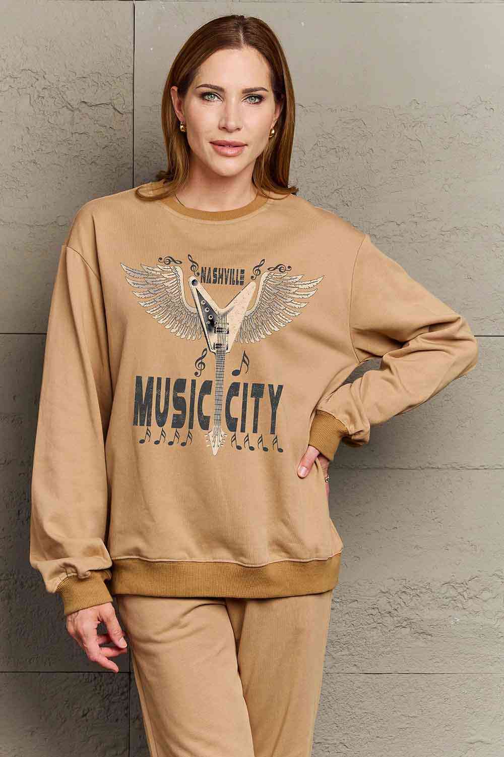 Simply Love Simply Love Full Size Round Neck Dropped Shoulder MUSIC CITY Graphic Sweatshirt