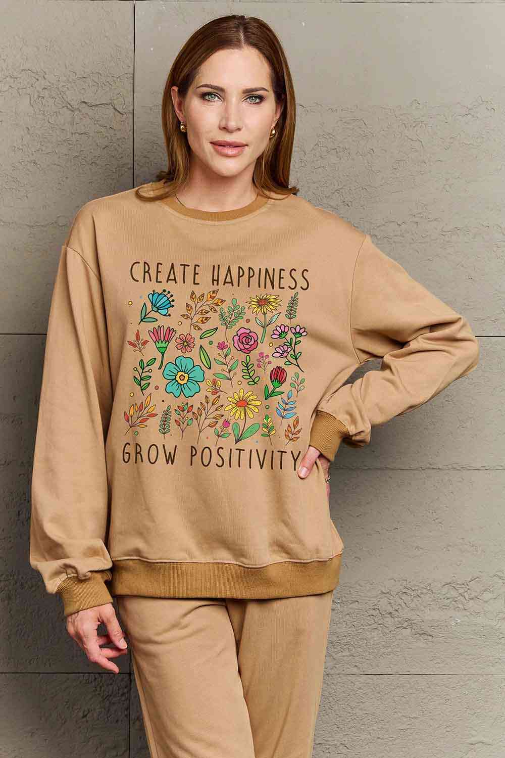 Simply Love Full Size CREATE HAPPINESS  GROW POSITIVITY Graphic Sweatshirt