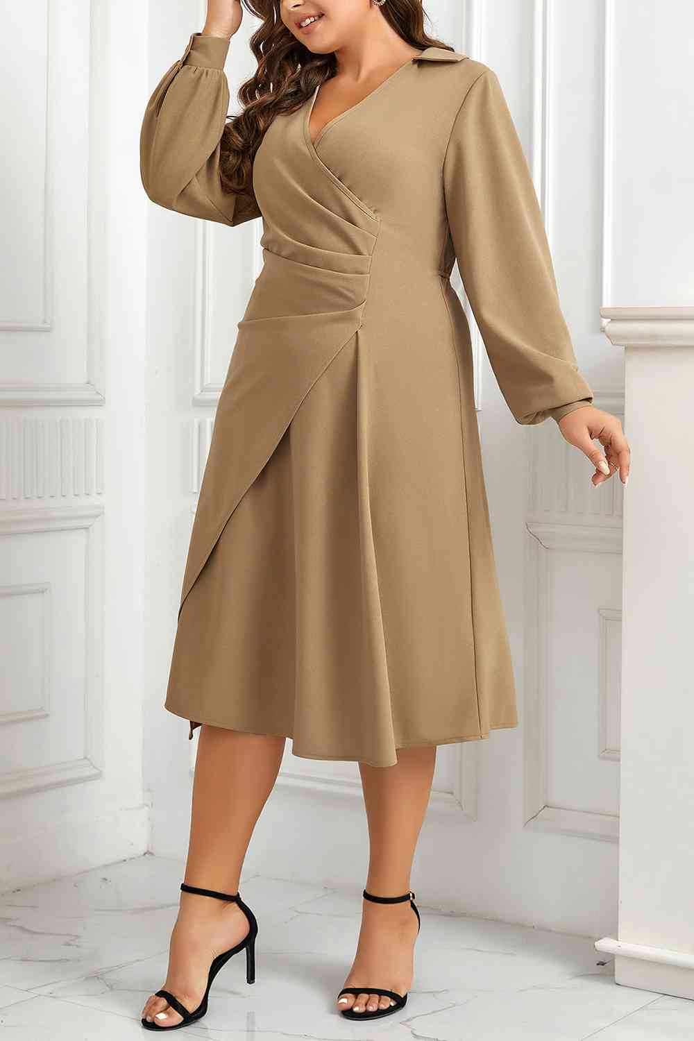 Plus Size Surplice Neck Long Sleeve Dress