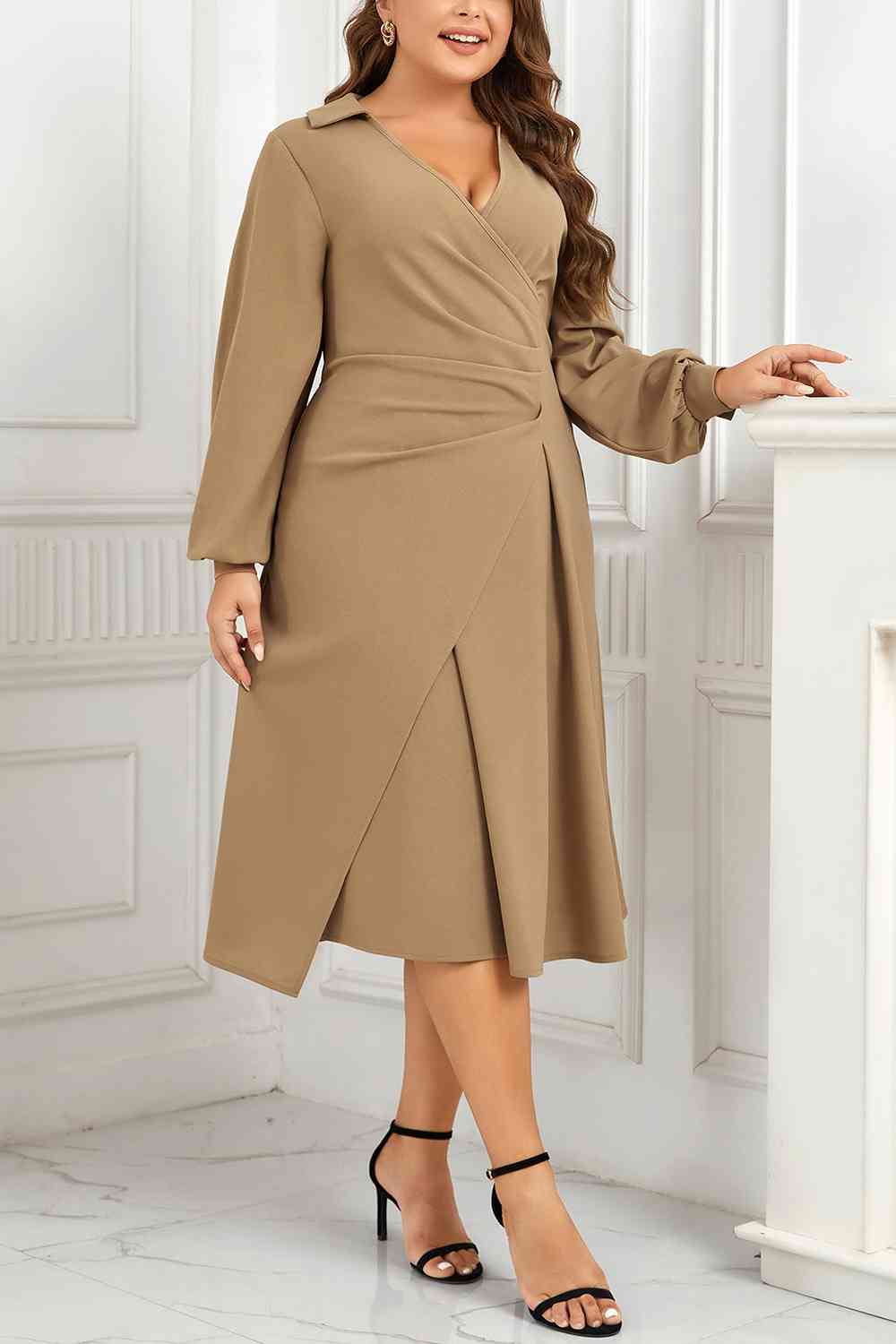 Plus Size Surplice Neck Long Sleeve Dress