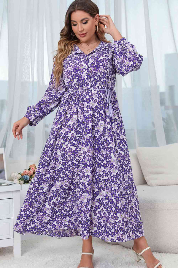 Plus Size Printed Mock Neck Buttoned Maxi Dress