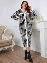 Plus Size Houndstooth Button-Down Long Sleeve Dress