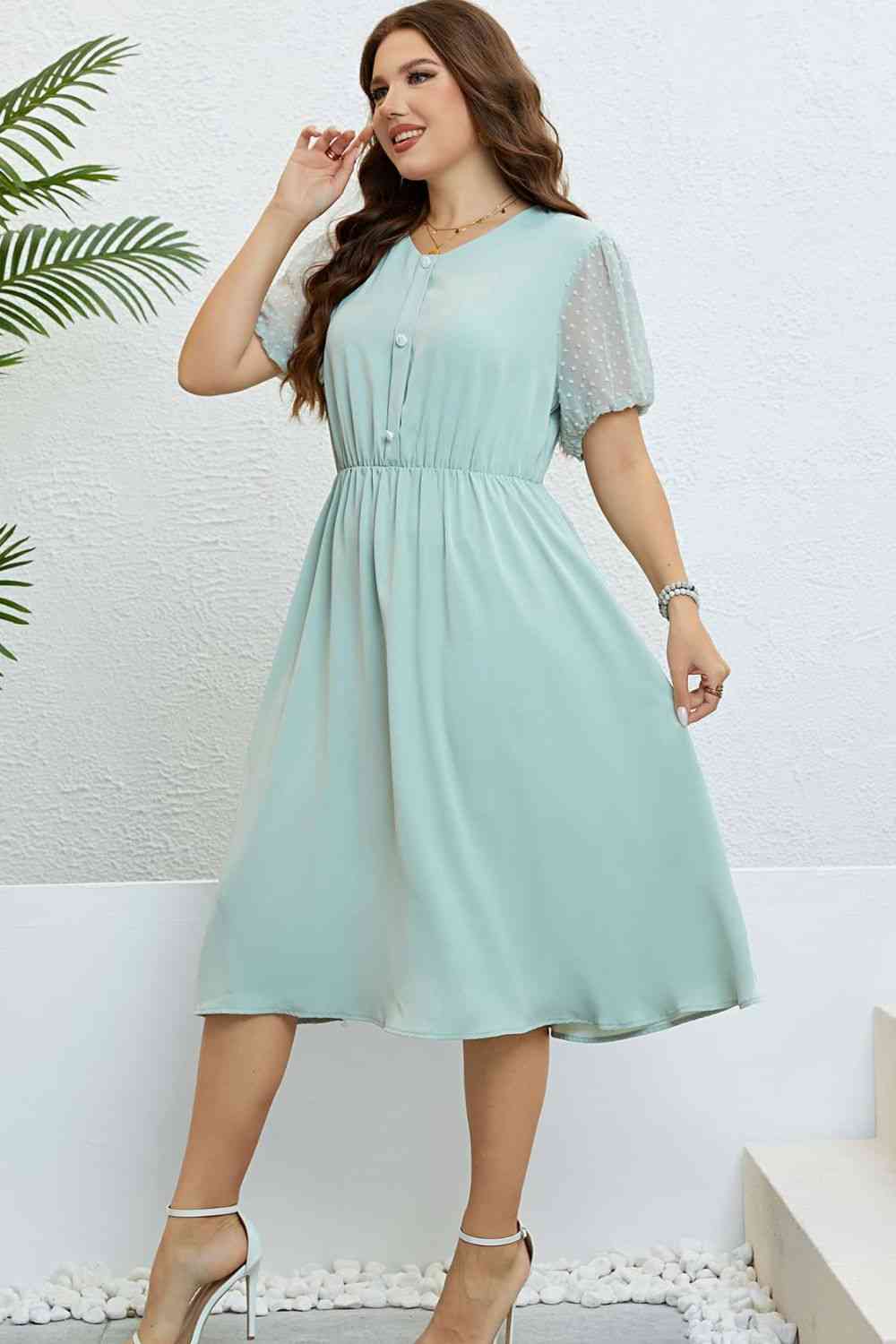 Swiss Dot Mesh Sleeve Buttoned Dress