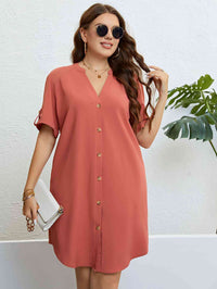 Plus Size Buttoned Notched Neck Shift Dress