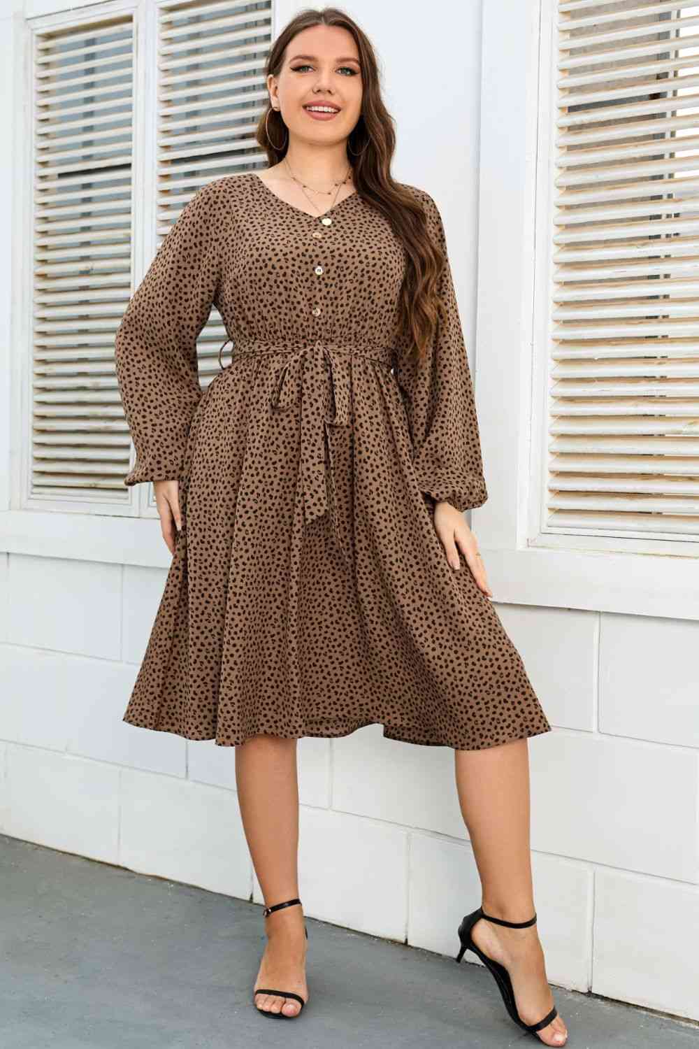 Plus Size Printed V-Neck Balloon Sleeve Tie Waist Dress