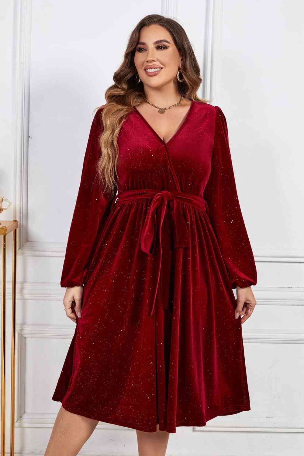 Melo Apparel Plus Size Surplice Neck Balloon Sleeve Tie Belt Midi Dress