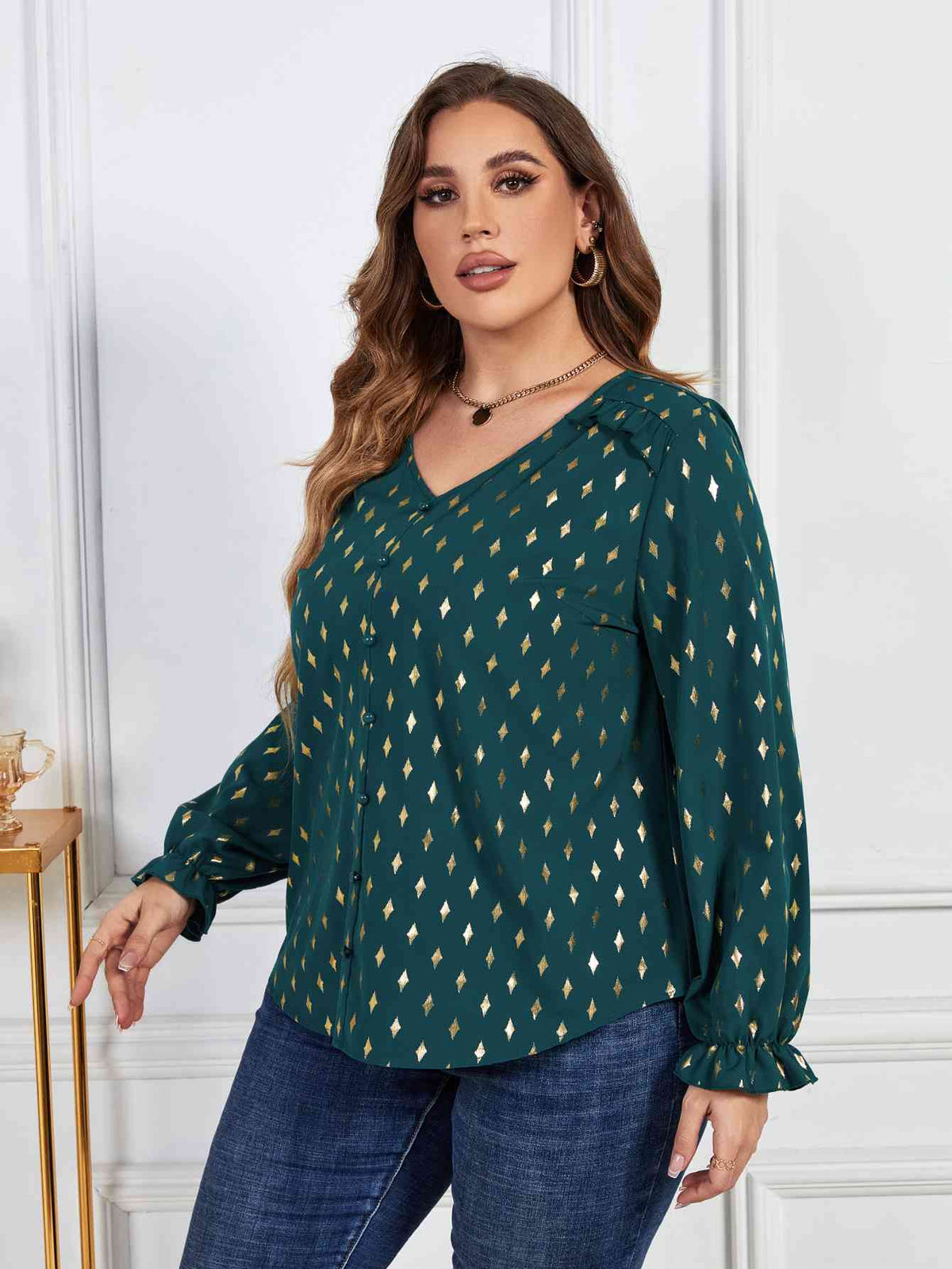 Melo Apparel Plus Size Printed Frill Trim Flounce Sleeve Blouse