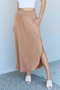 Doublju Comfort Princess Full Size High Waist Scoop Hem Maxi Skirt in Tan