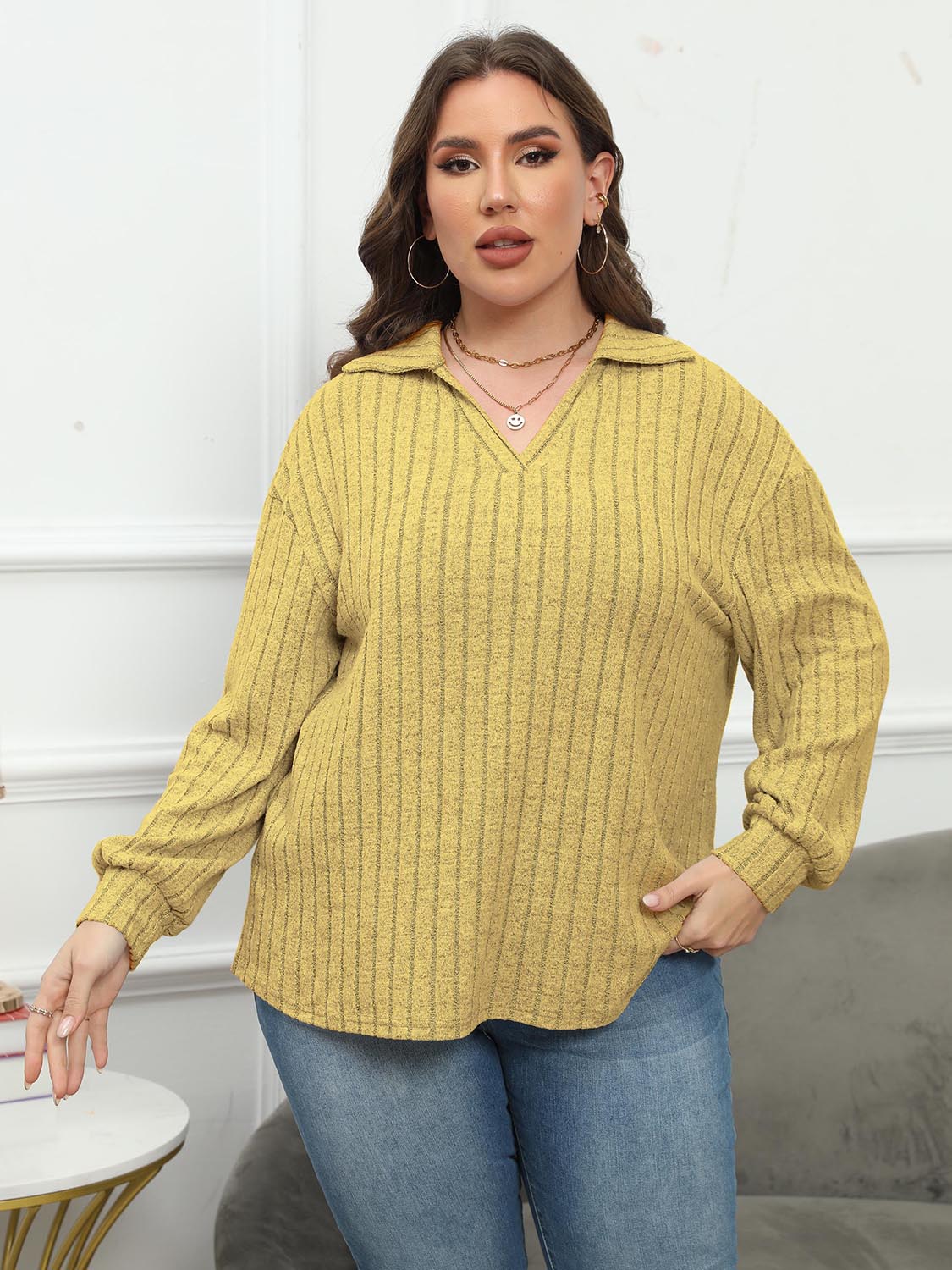 Plus Size Ribbed Collared Neck Long Sleeve Blouse
