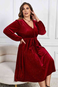 Melo Apparel Plus Size Surplice Neck Balloon Sleeve Tie Belt Midi Dress