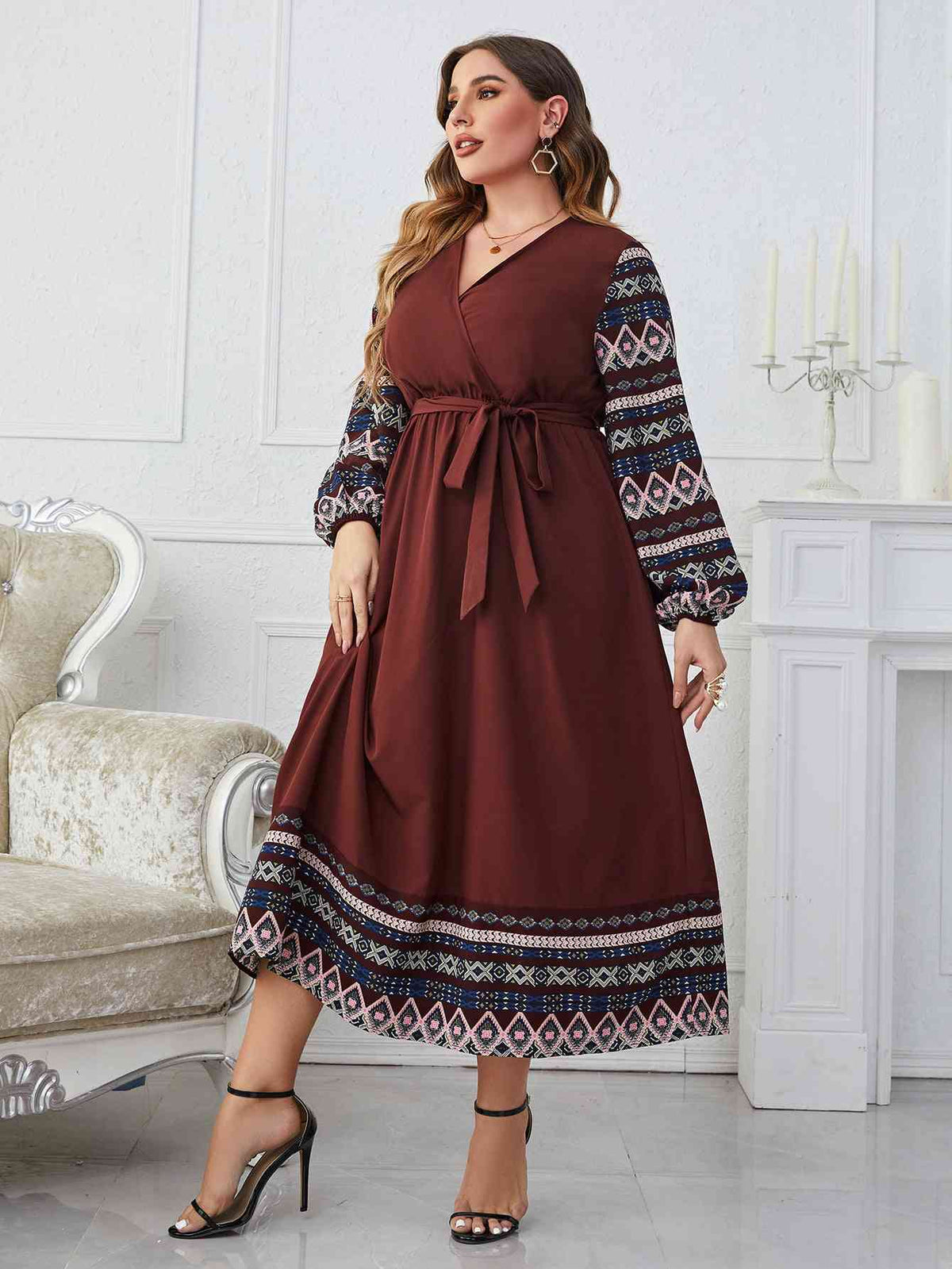 Melo Apparel Plus Size Surplice Neck Tie Belt Balloon Sleeve Dress